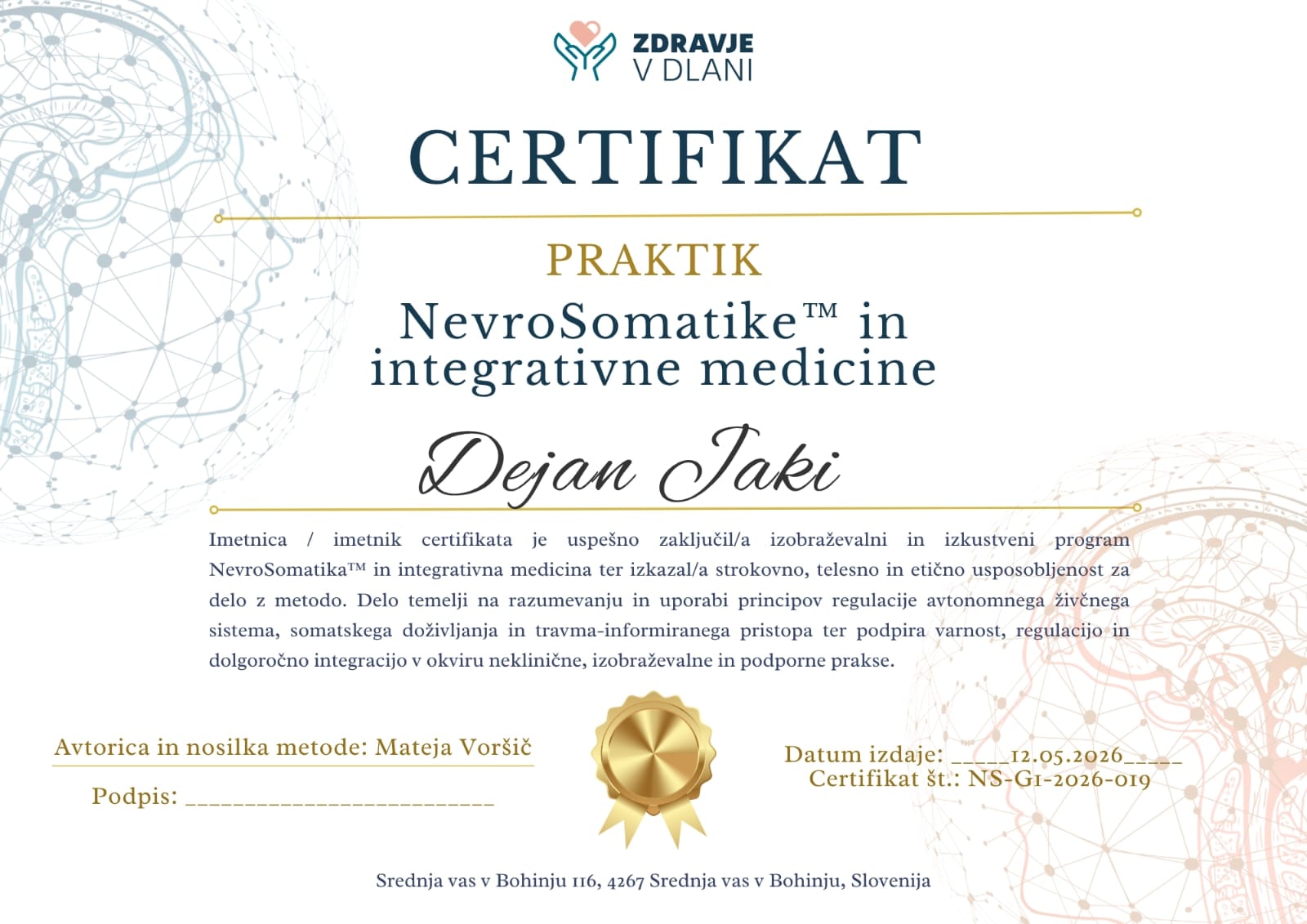 NevroSomatike™ Certificate — Dejan